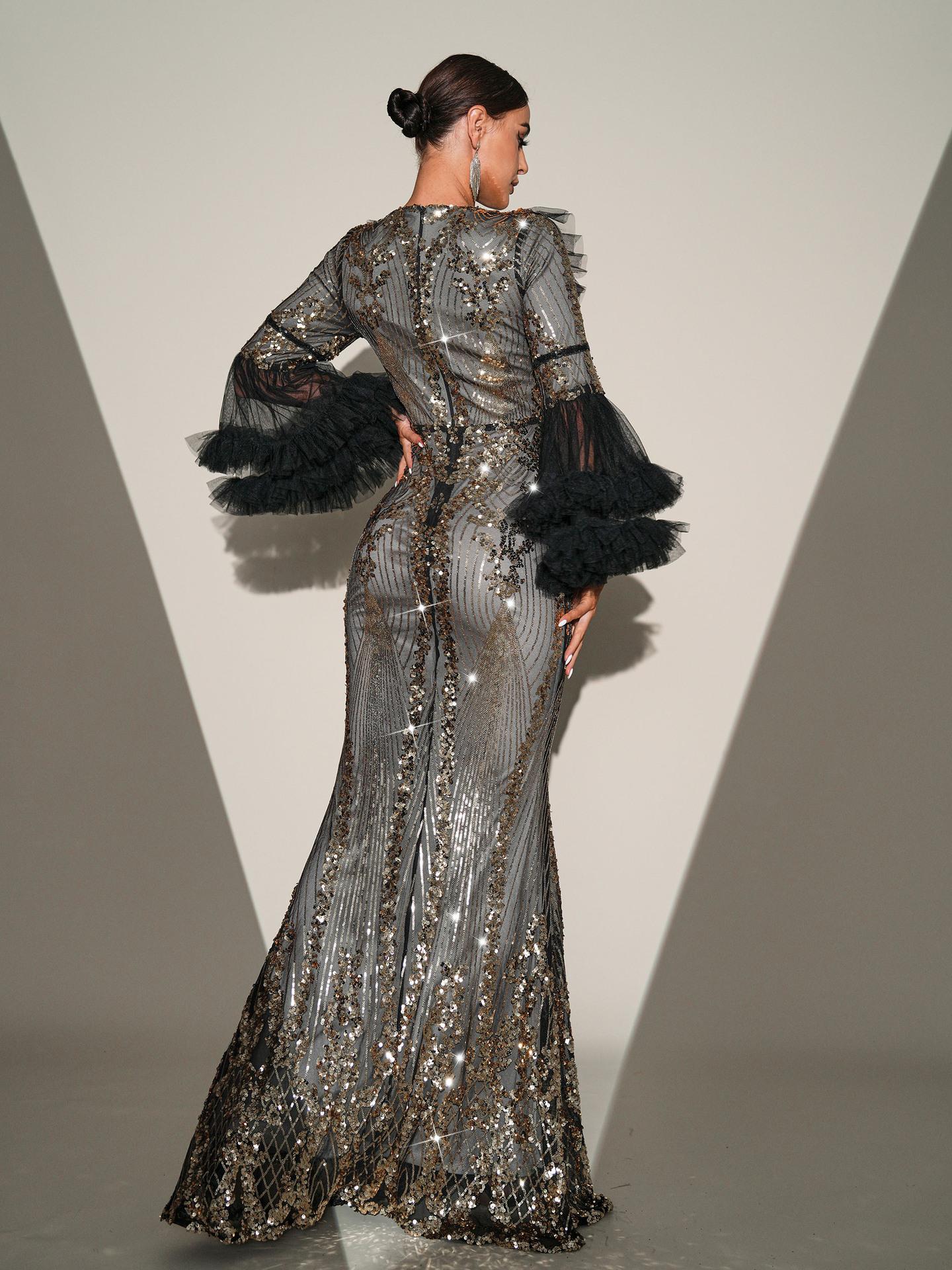 Round Neck Sequins Fishtail Maxi Dress