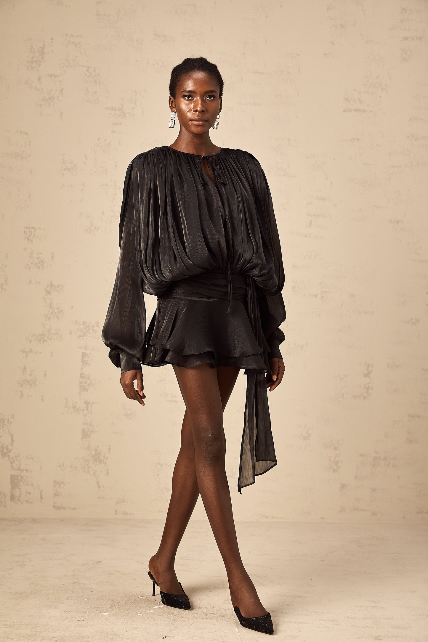 Neutral Fully Pleated Ruffled Mini Dress