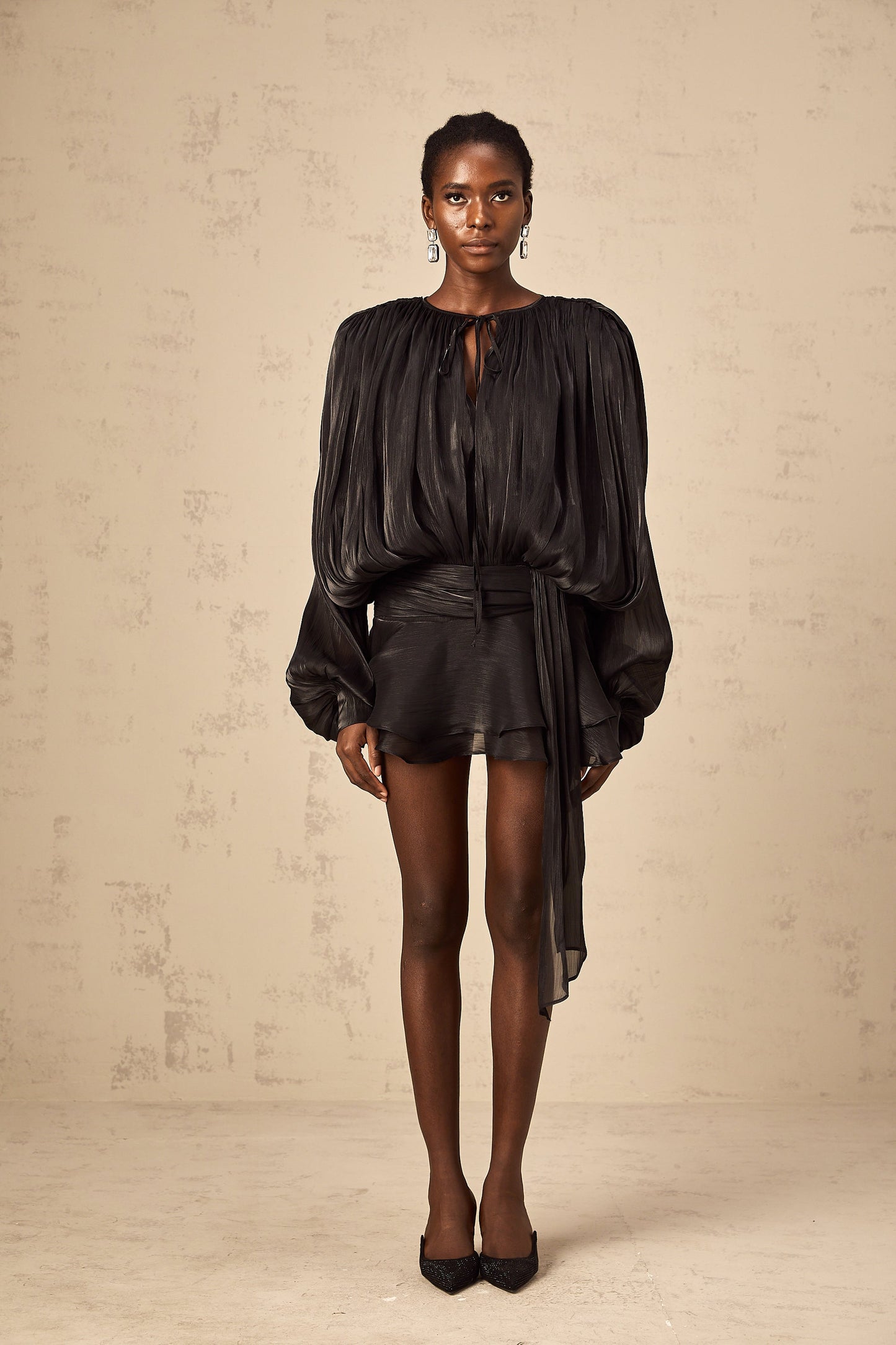 Neutral Fully Pleated Ruffled Mini Dress