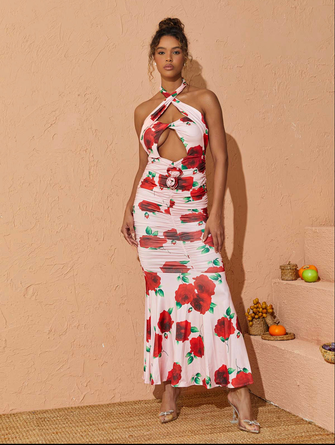Printed Pleated Ruffle Maxi Dress