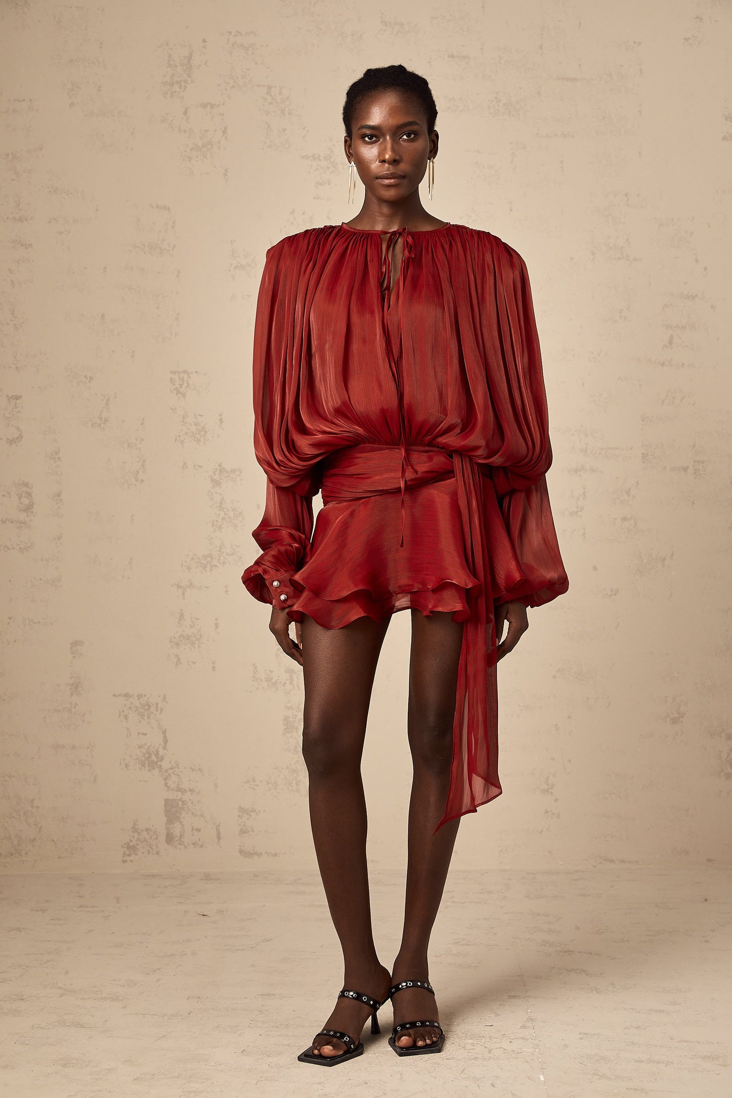 Neutral Fully Pleated Ruffled Mini Dress
