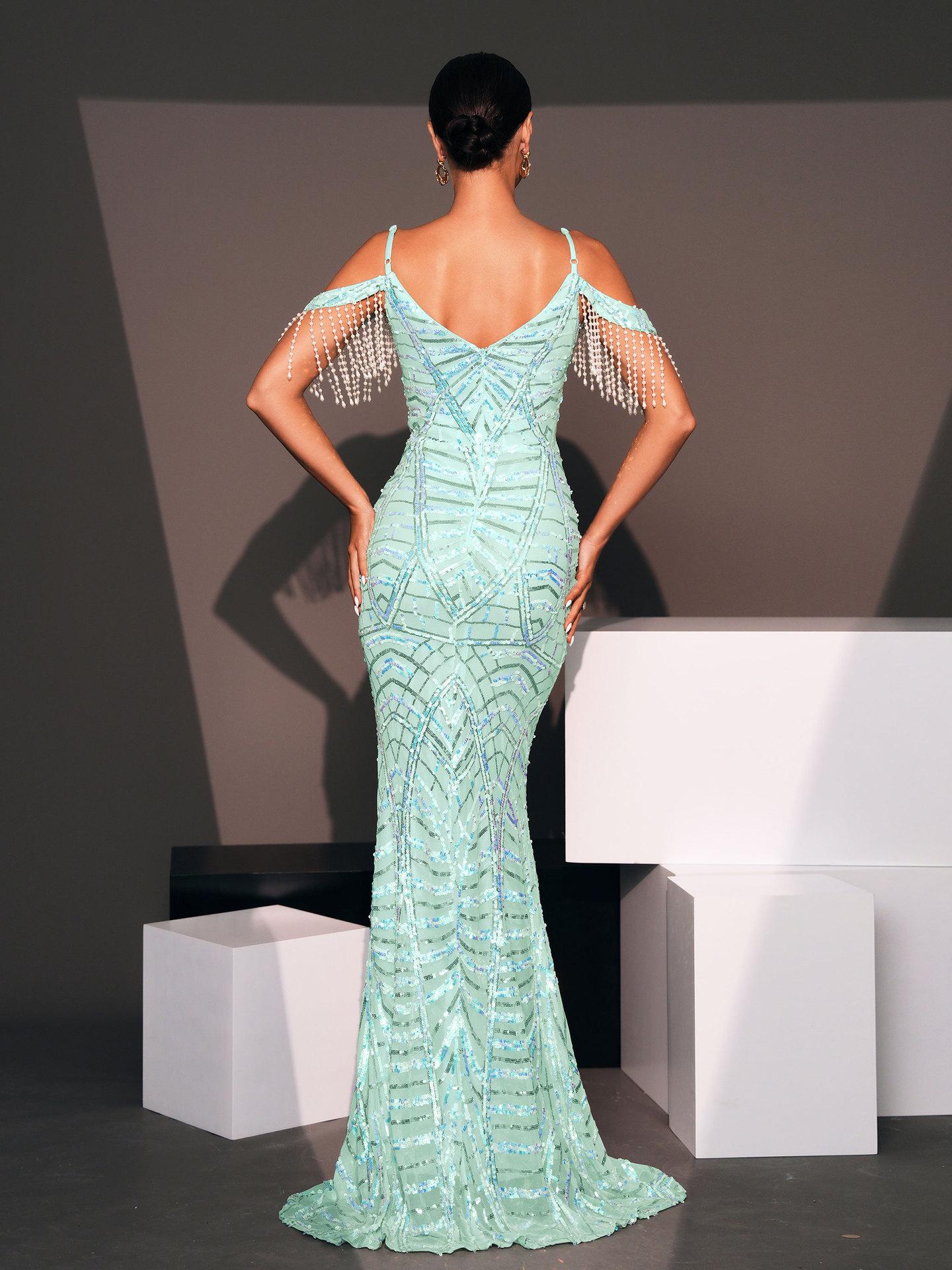 V-neck Sexy Sequins Banquet Fishtail Dress