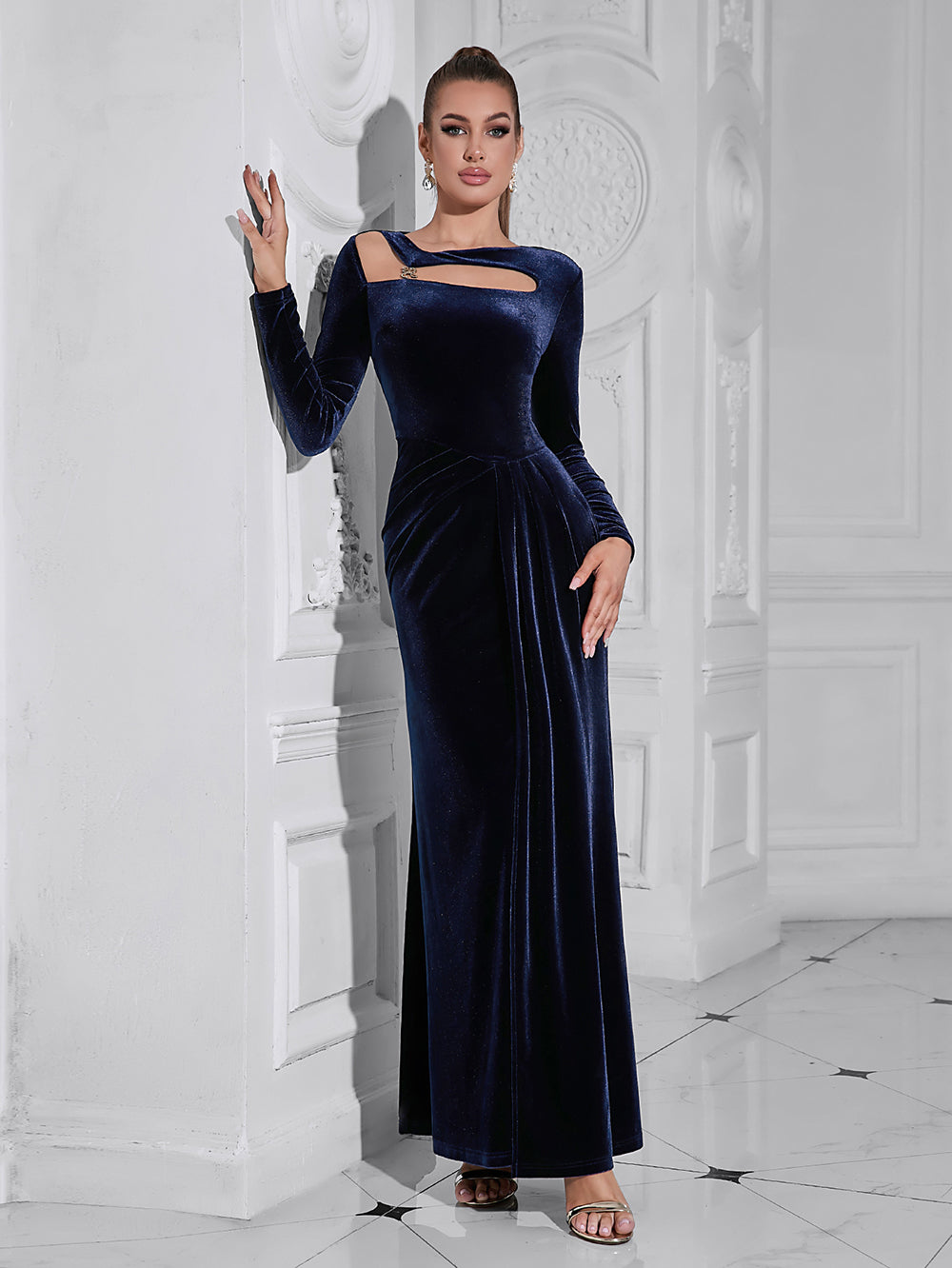 Simple Hollow Slim Long Sleeve Split Dress