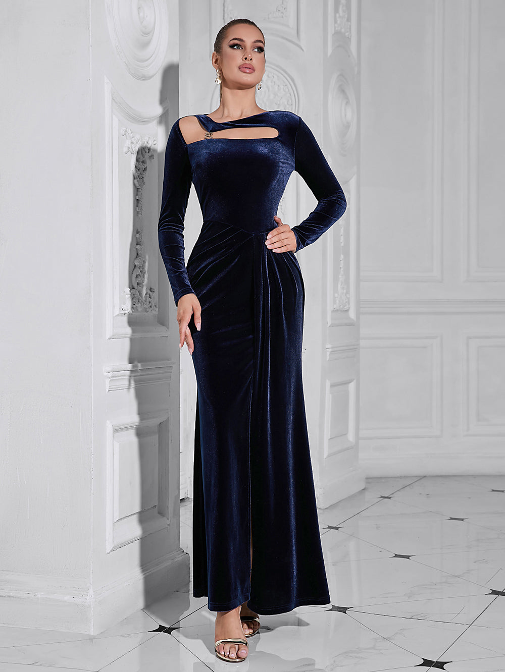 Simple Hollow Slim Long Sleeve Split Dress