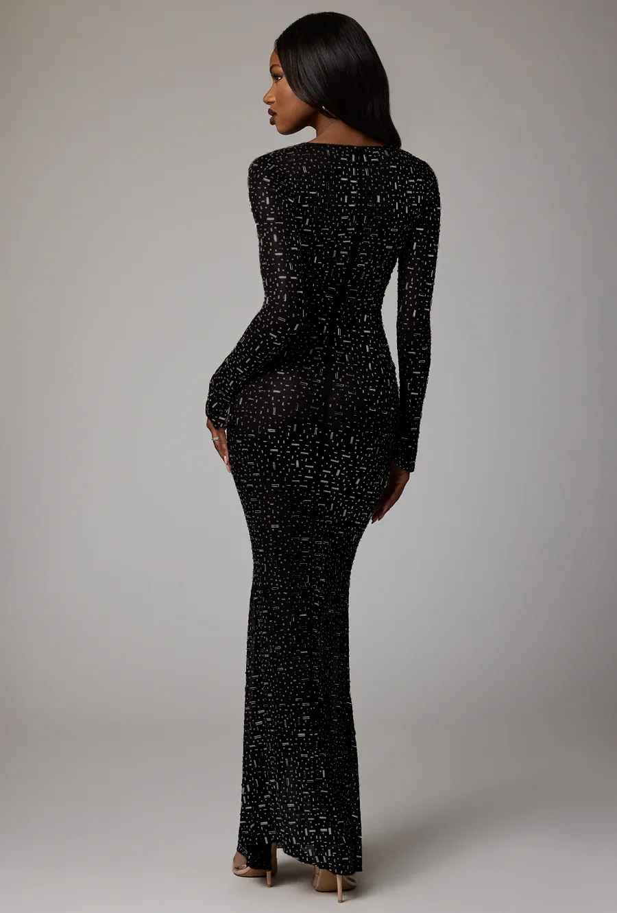Sheer Embellished Long Sleeve Evening Gown