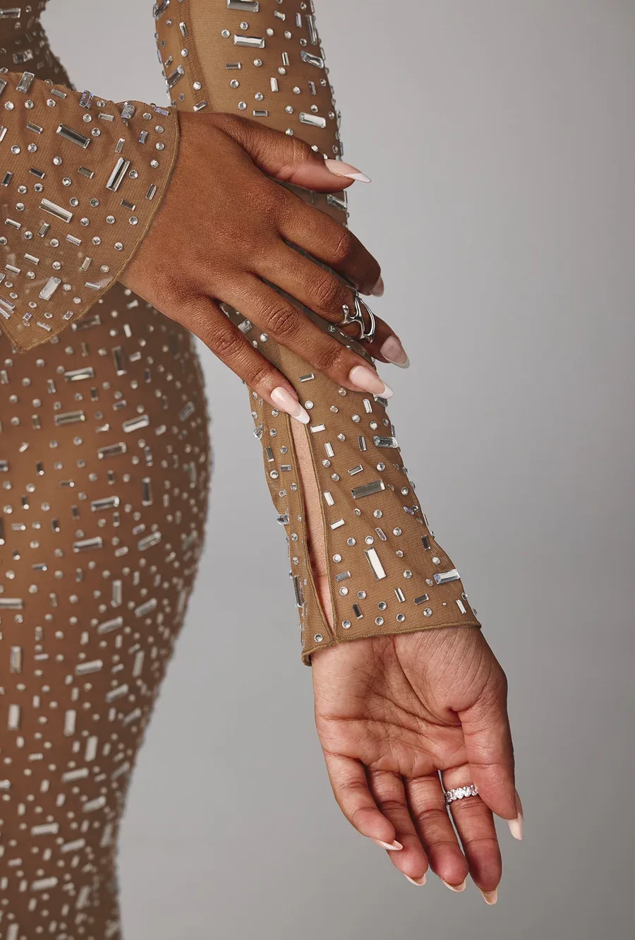 Sheer Embellished Long Sleeve Evening Gown