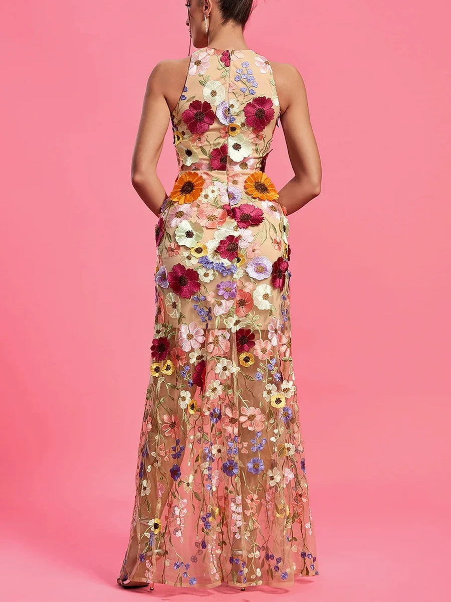 Sleeveless Round Neck Floral Embroidery Maxi Dress