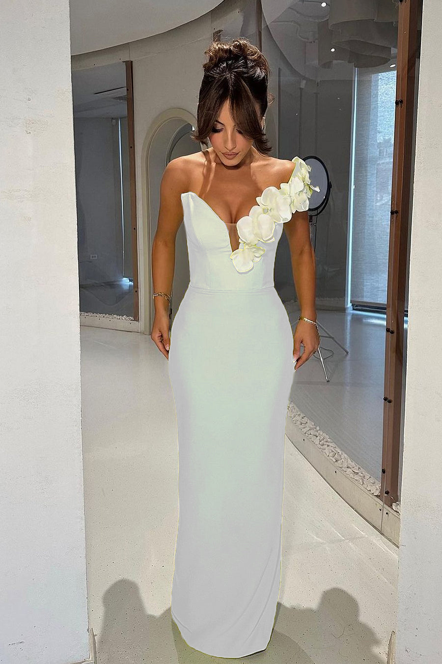 Floral Bandage One-Shoulder Maxi Dress
