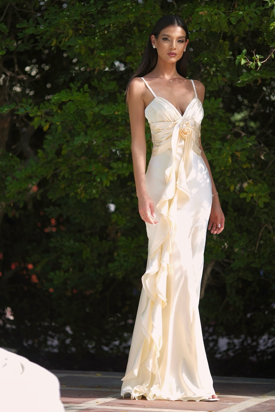 Satin V-neck Spaghetti Strap Ruffled Mermaid Gown