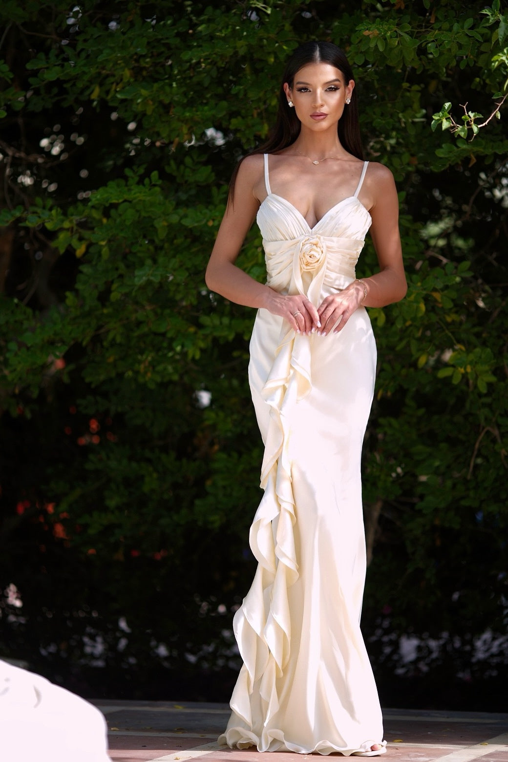 Satin V-neck Spaghetti Strap Ruffled Mermaid Gown