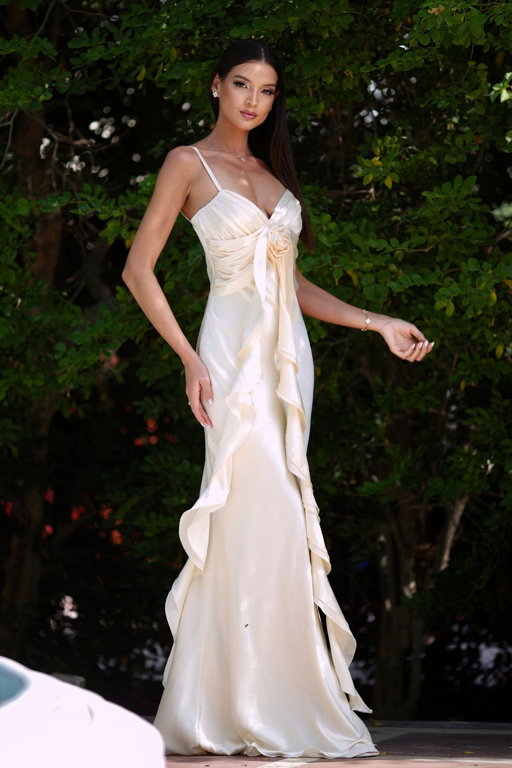 Satin V-neck Spaghetti Strap Ruffled Mermaid Gown