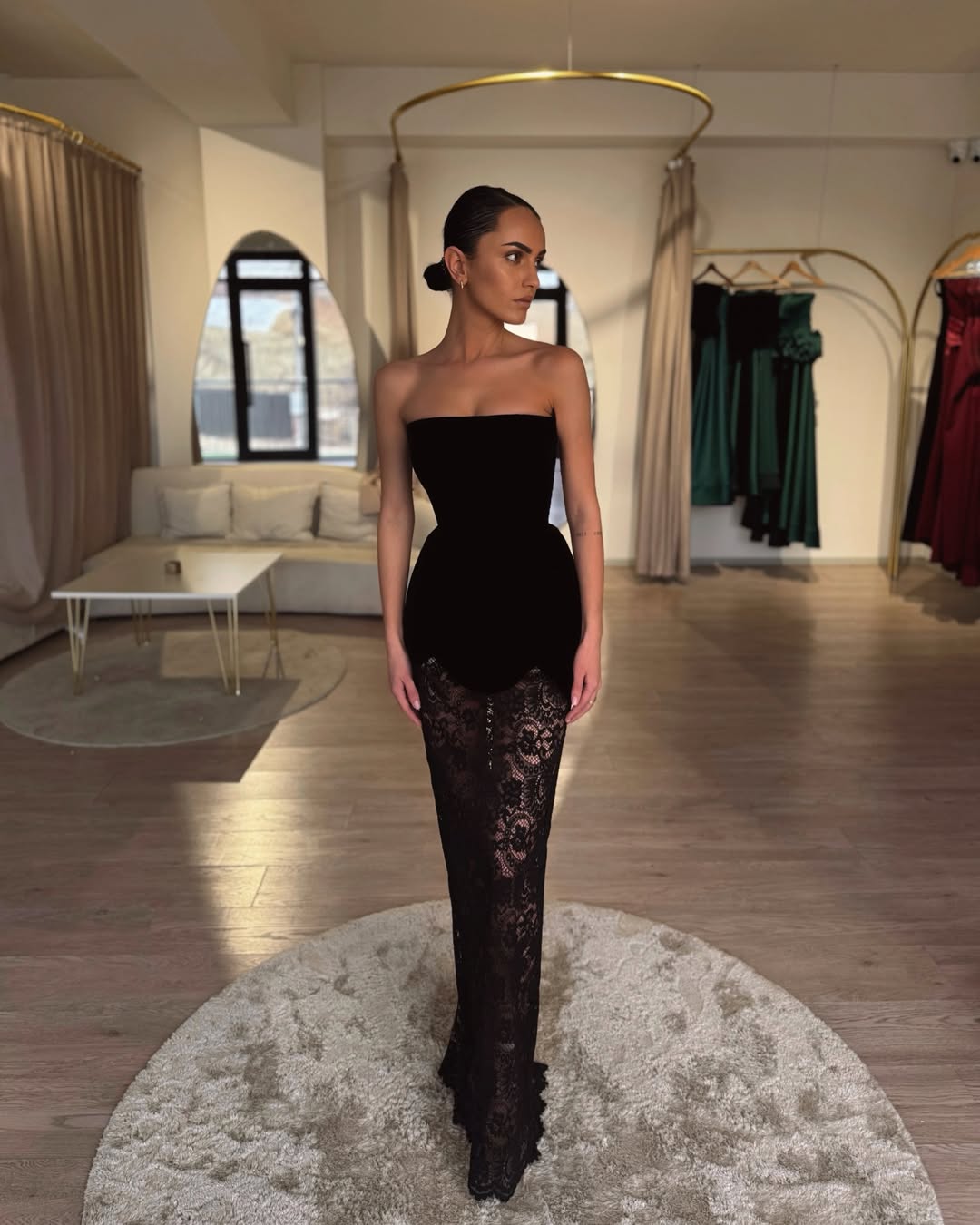 YS-Strapless Lace-detailed Pearl Trim Gown