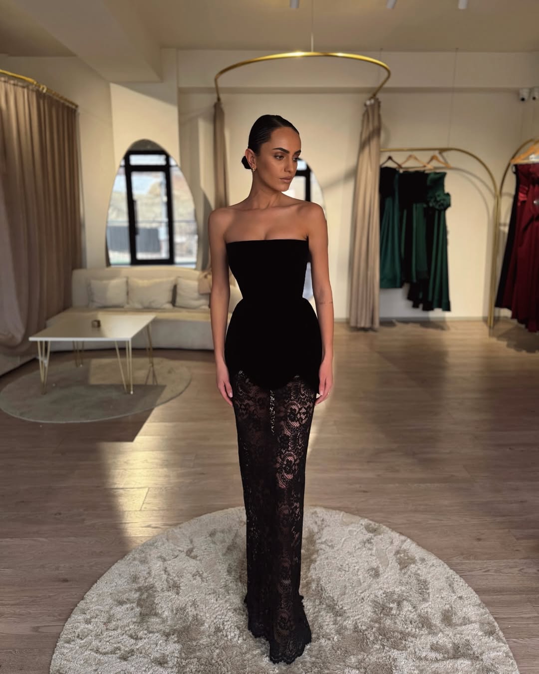 YS-Strapless Lace-detailed Pearl Trim Gown