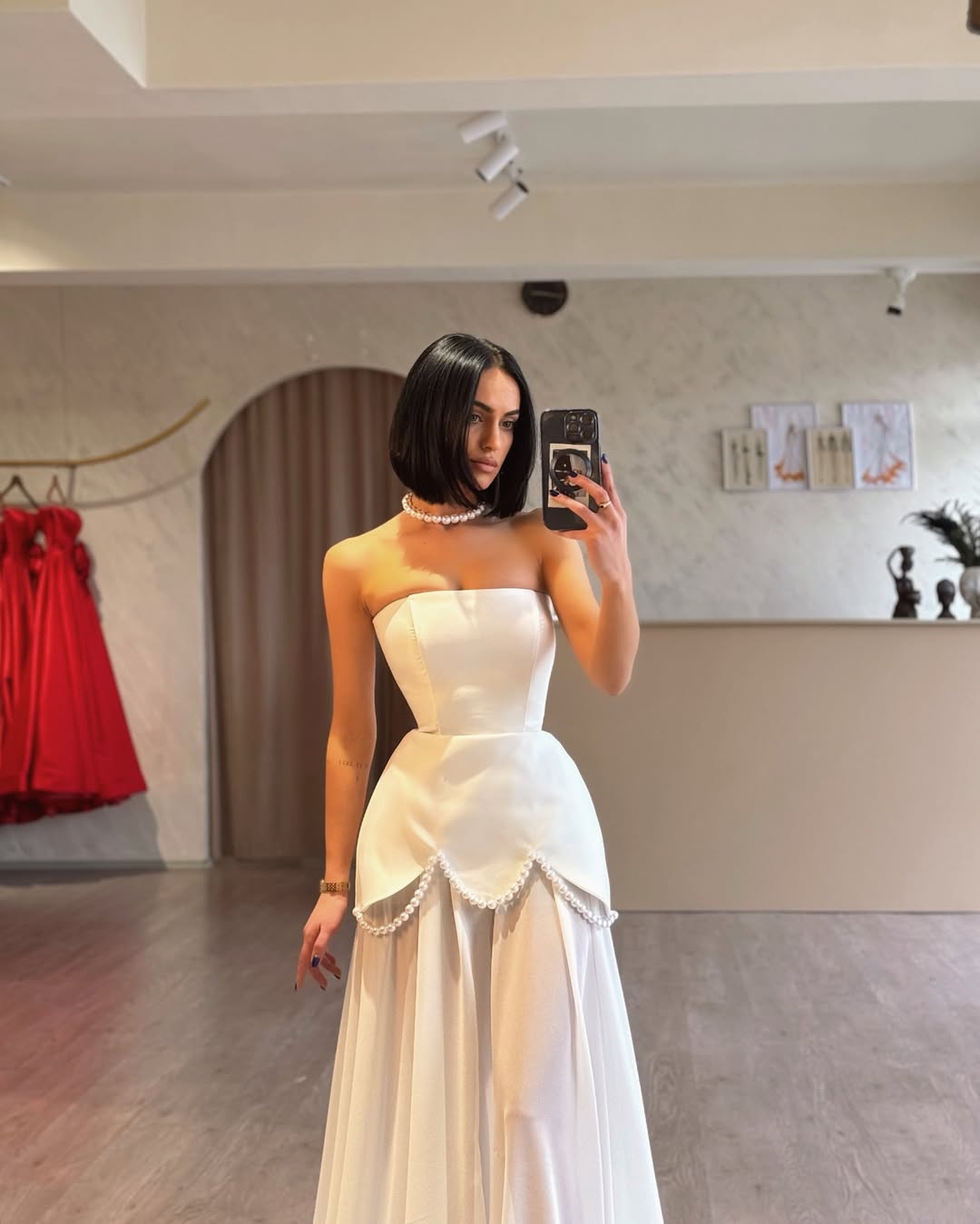 YS-Strapless Pearl Embellishments Maxi Dress