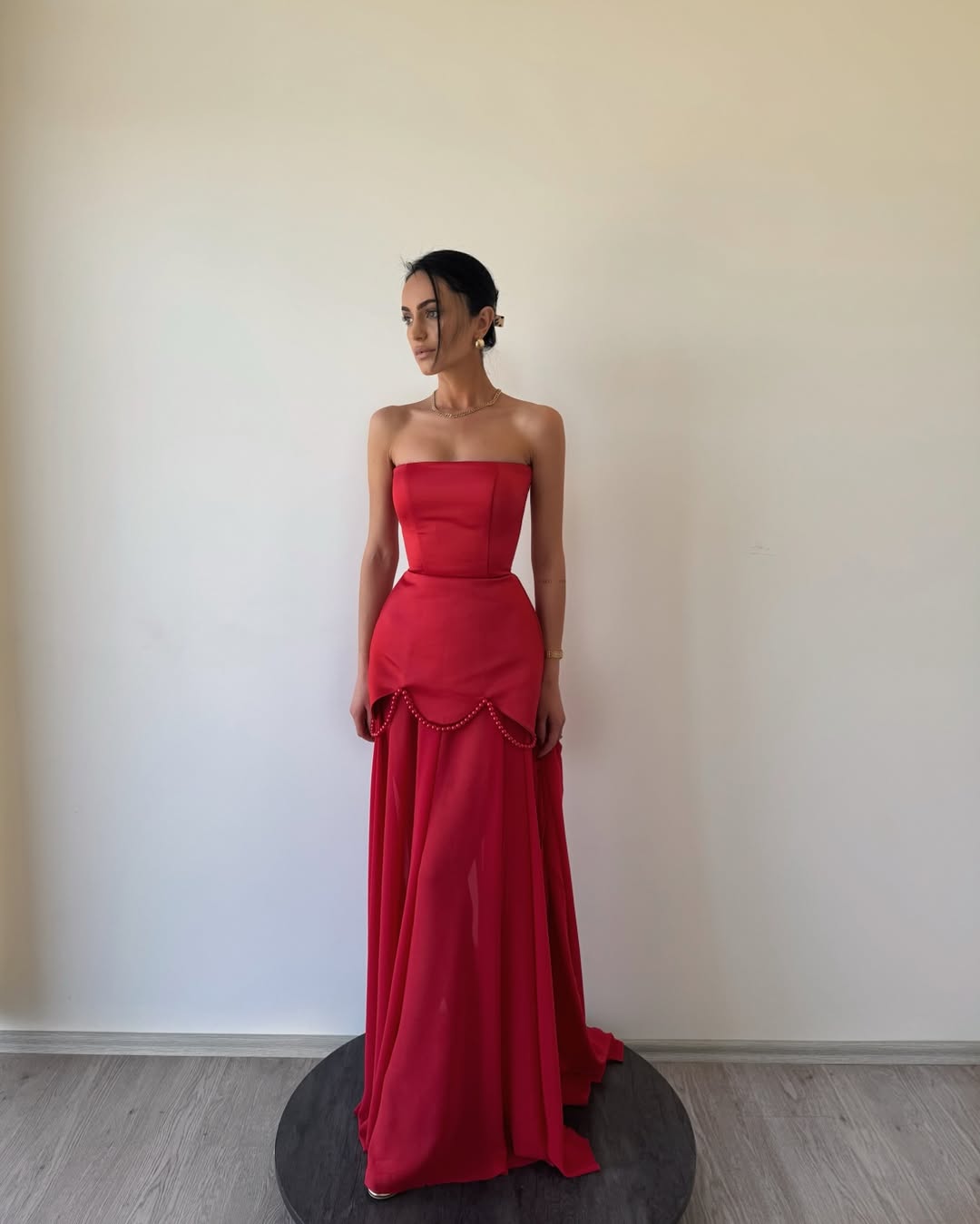 YS-Strapless Pearl Embellishments Maxi Dress