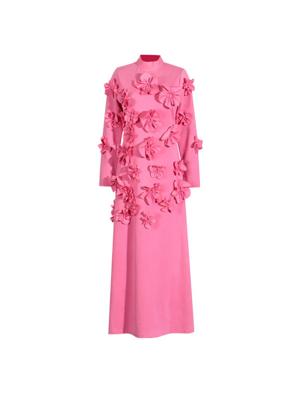 Stand Collar with Embroidery Stitching Flower Maxi Dress