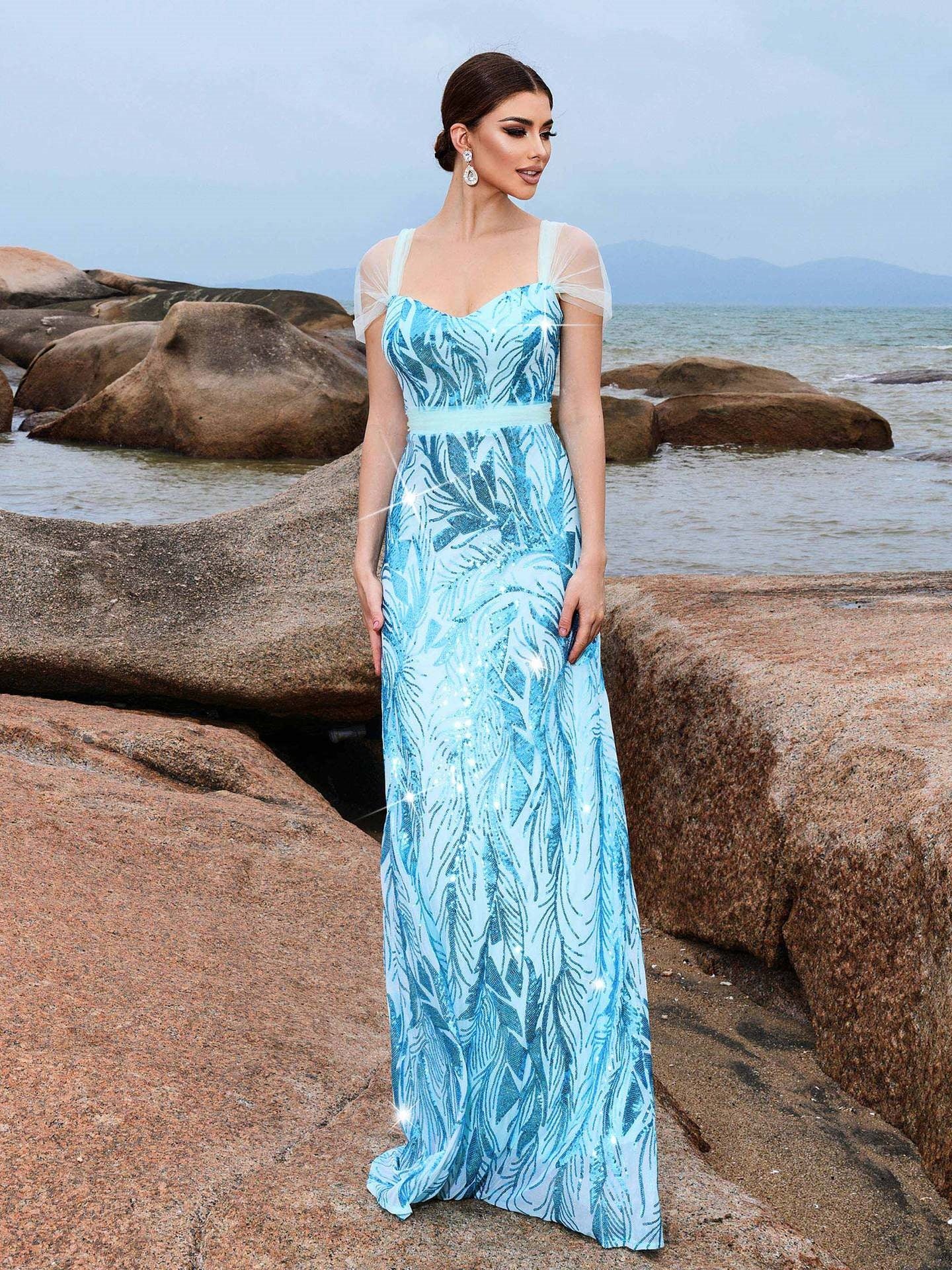 Sleeveless Elegant Square Neck Fitted Sequin Maxi Dress