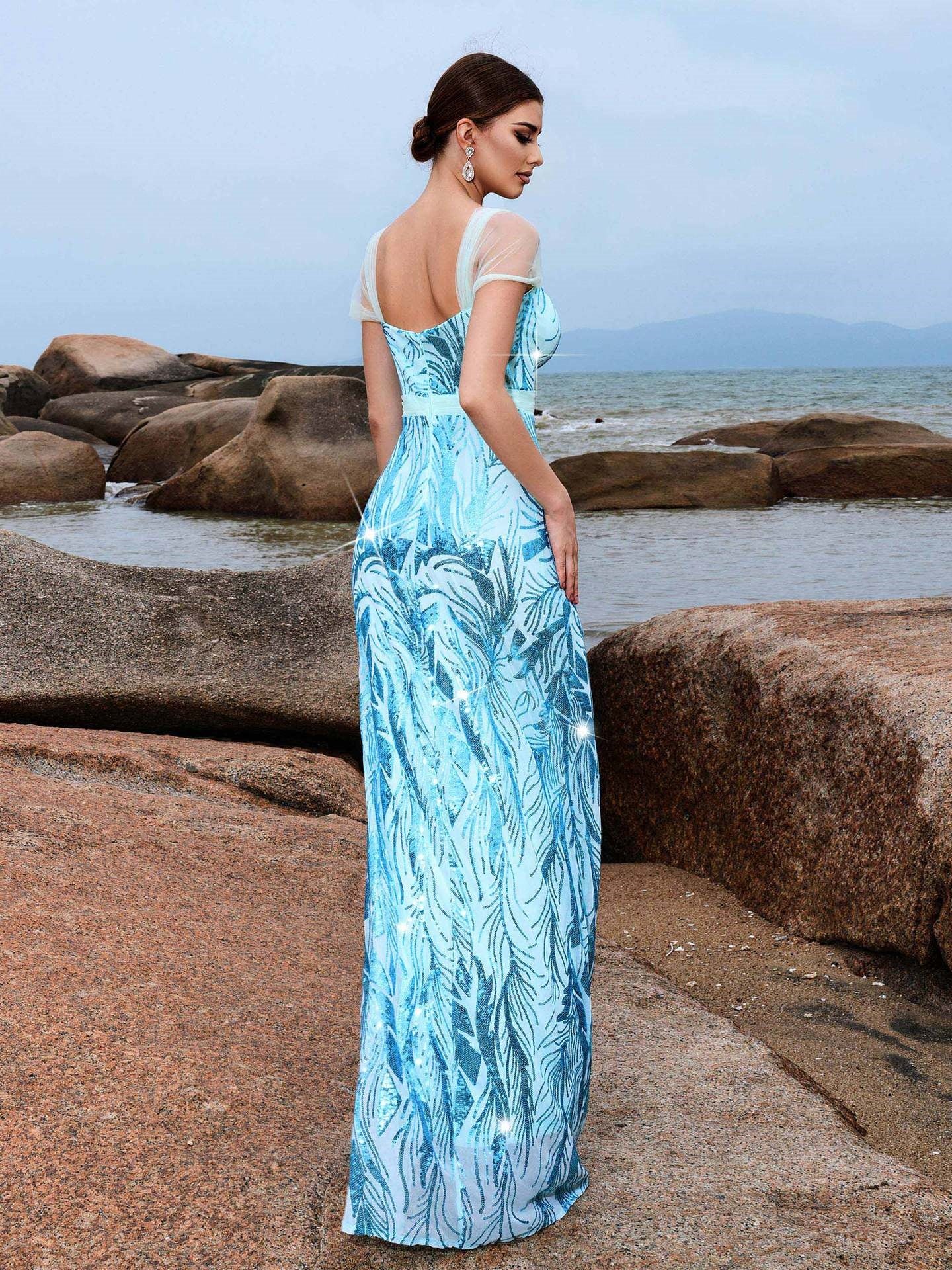 Sleeveless Elegant Square Neck Fitted Sequin Maxi Dress