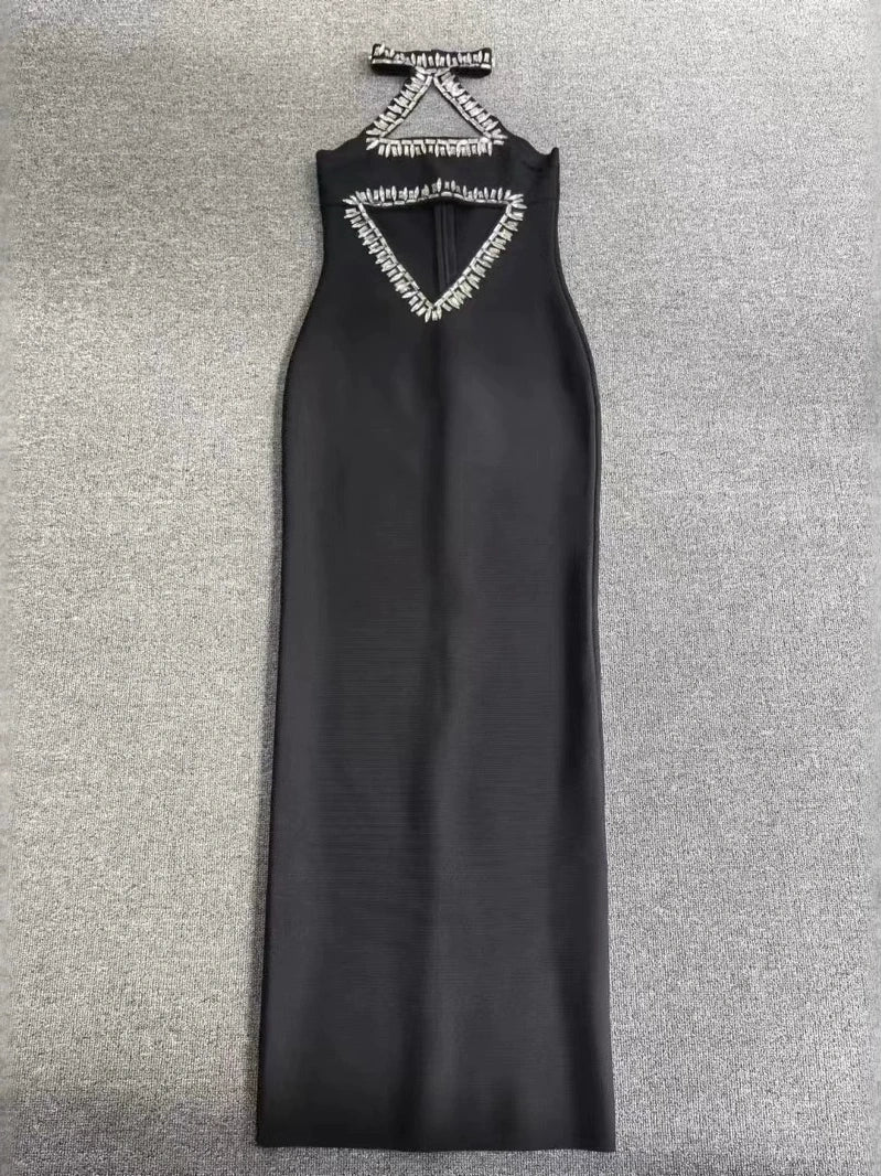 Black Halter Neck Cut-out Maxi Dress with Rhinestone Trim