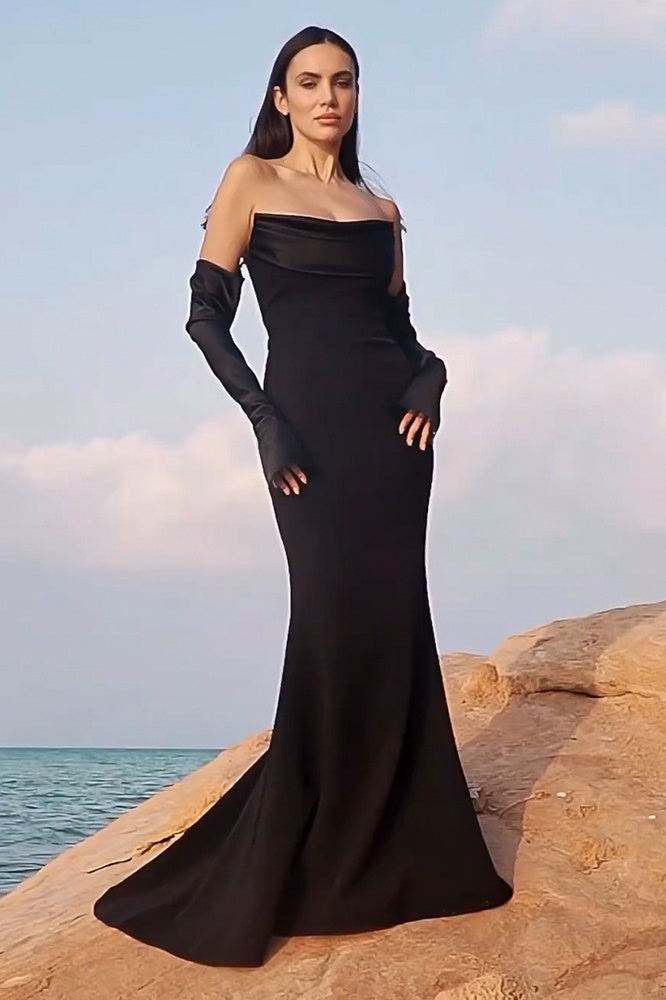 Strapless Off-Shoulder Satin Gloves Gown
