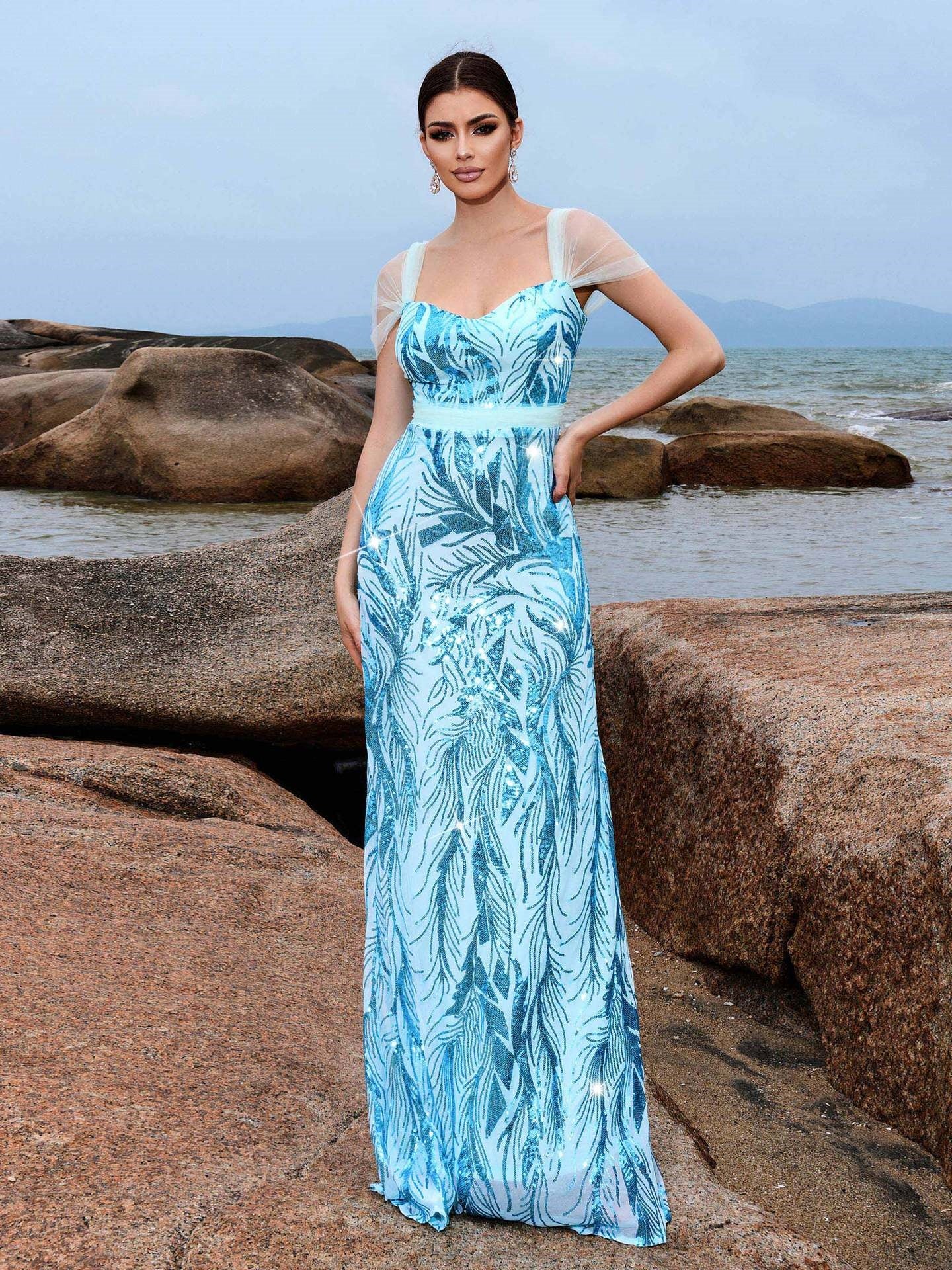 Sleeveless Elegant Square Neck Fitted Sequin Maxi Dress