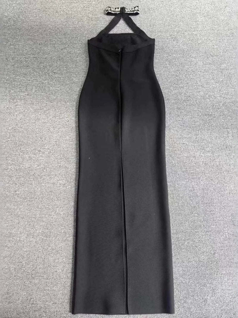 Black Halter Neck Cut-out Maxi Dress with Rhinestone Trim