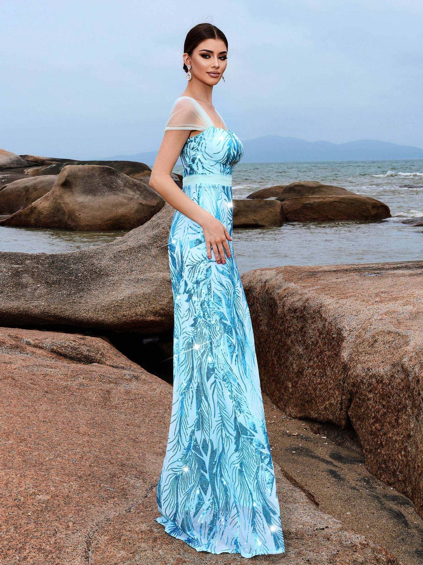 Sleeveless Elegant Square Neck Fitted Sequin Maxi Dress