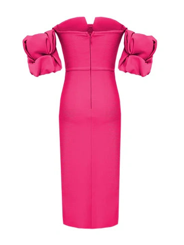 Off-Shoulder Deep V Lantern Sleeves Side Slit Midi Dress