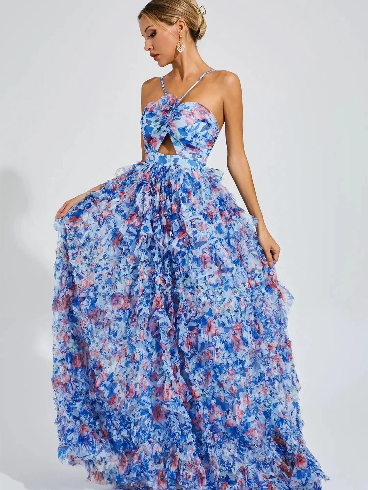 Organza Fairy Ruffle Floral Halter Dress