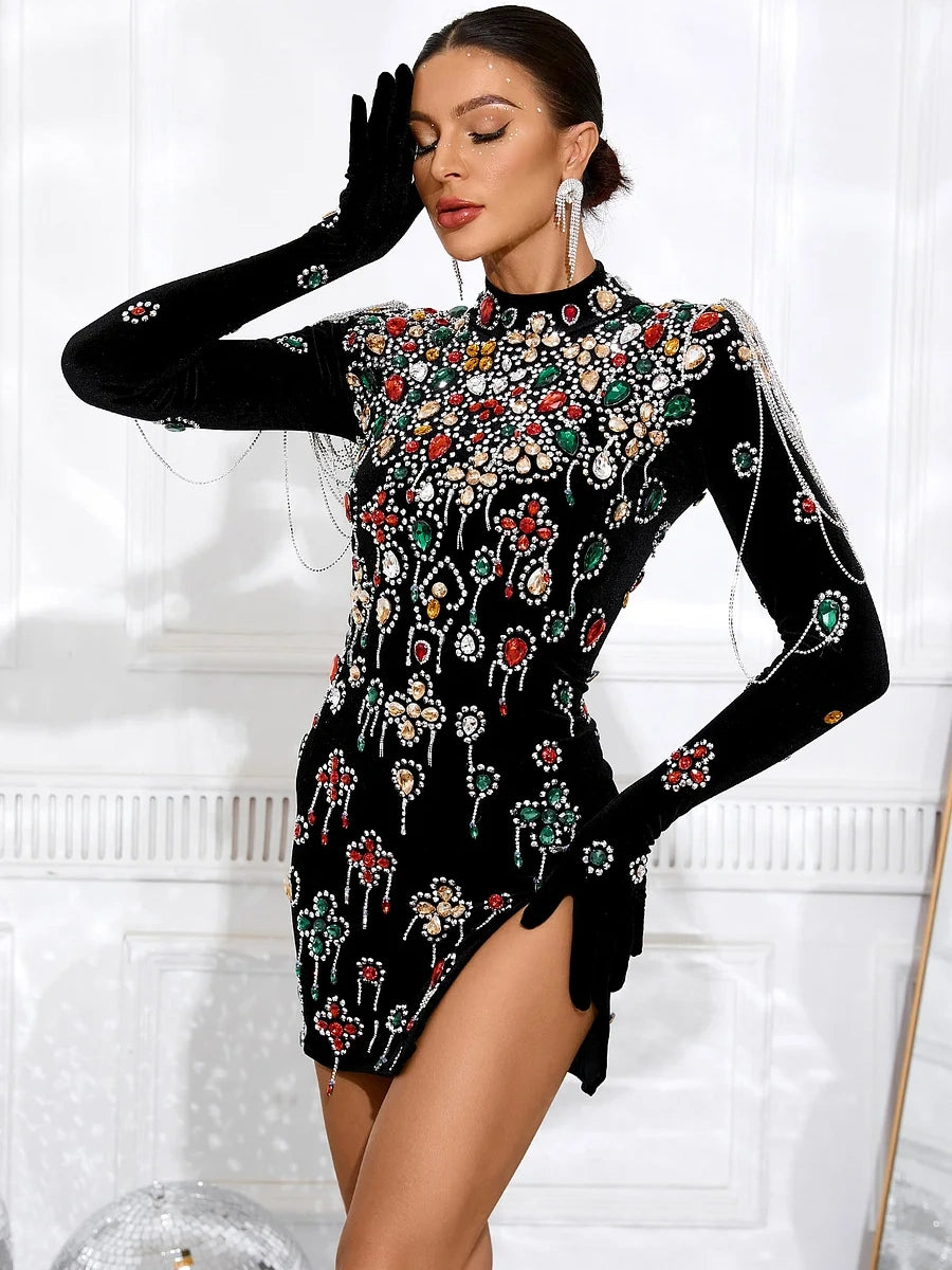 Velvet Rhinestone Fringe Mini Dress