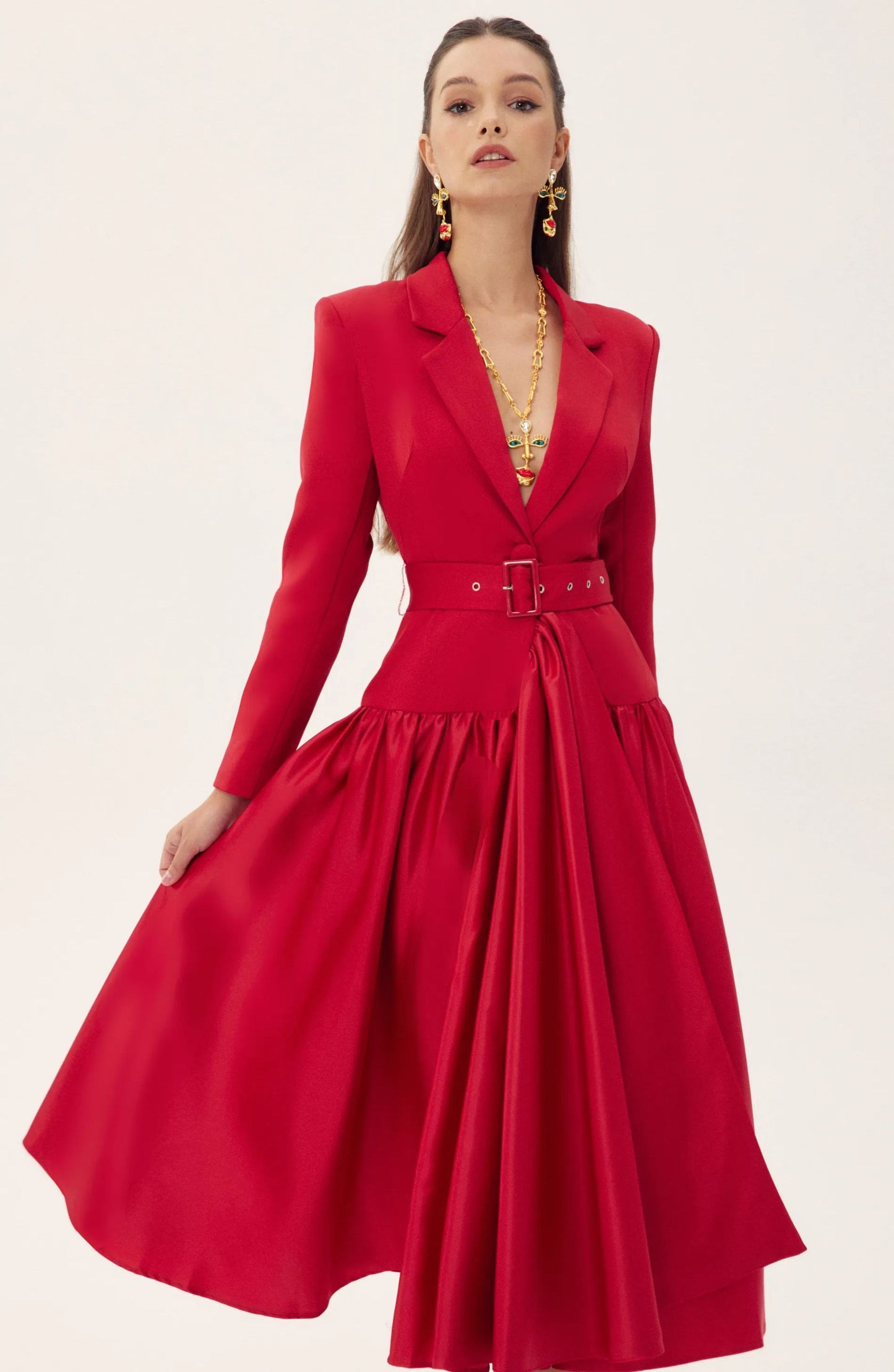 Notch Lapel Long Sleeve Midi Dress