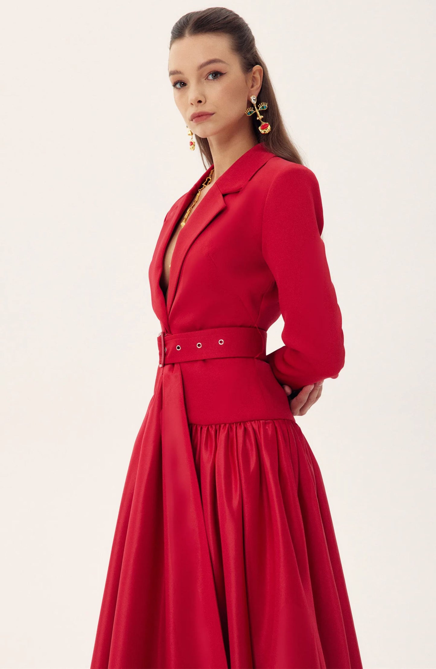 Notch Lapel Long Sleeve Midi Dress