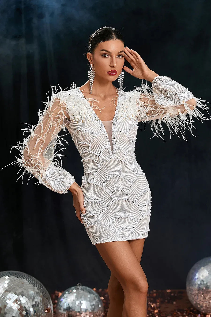 Luxury Beaded Embroidered Feather Sleeve Mini Dress