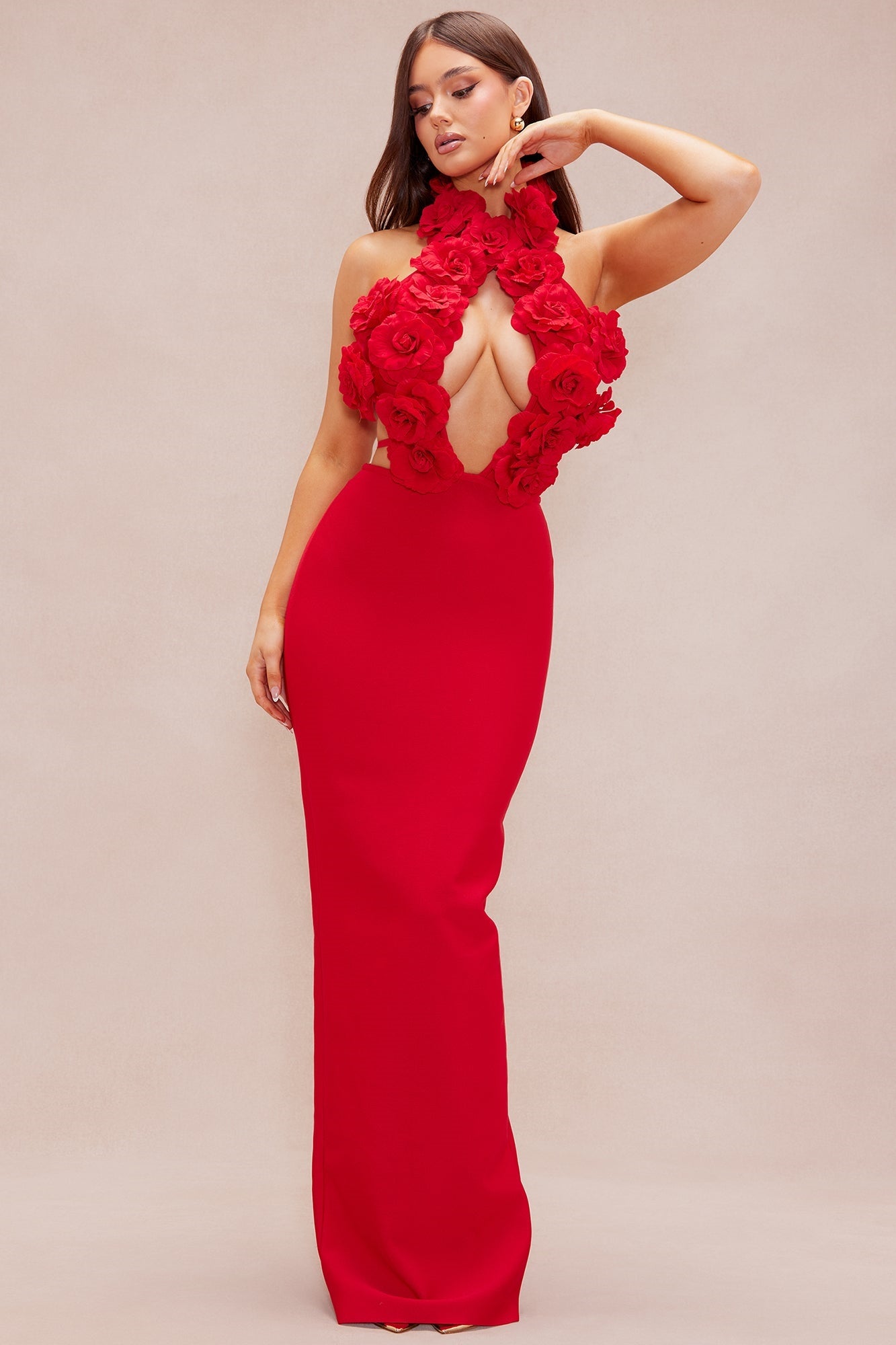 Halter Neck Floral Embellishments Maxi Dress