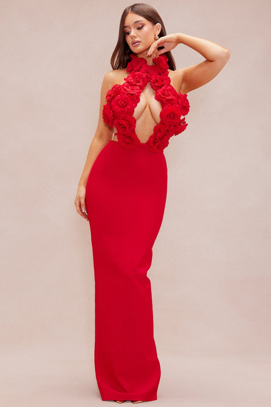 Halter Neck Floral Embellishments Maxi Dress