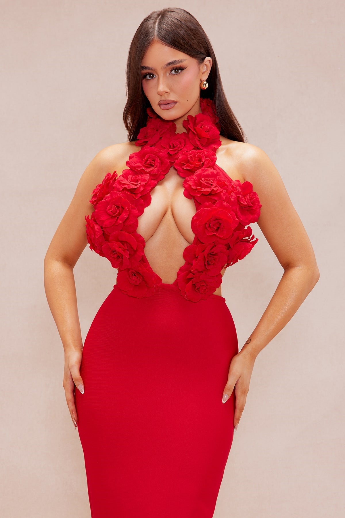 Halter Neck Floral Embellishments Maxi Dress