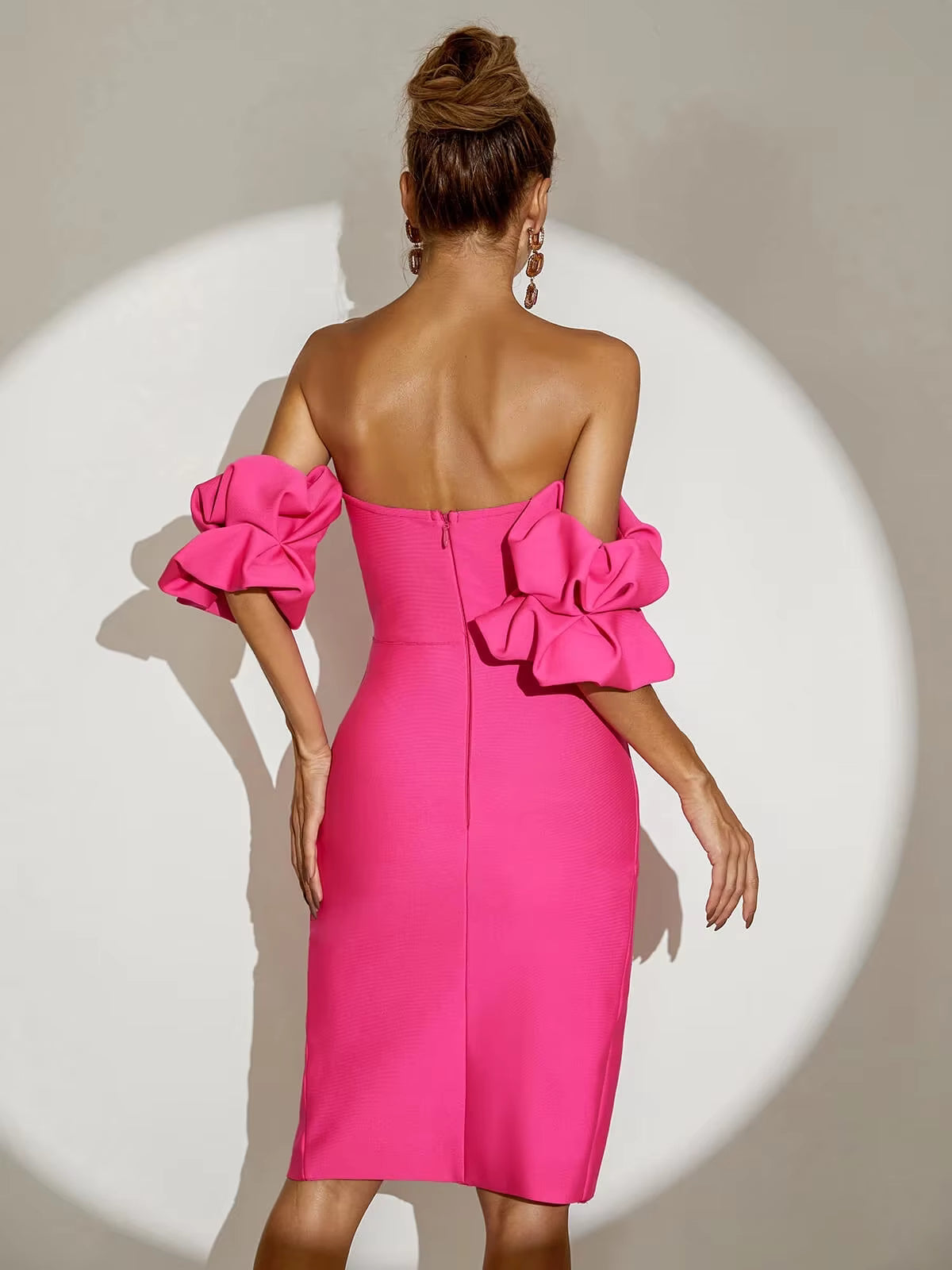 Off-Shoulder Deep V Lantern Sleeves Side Slit Midi Dress