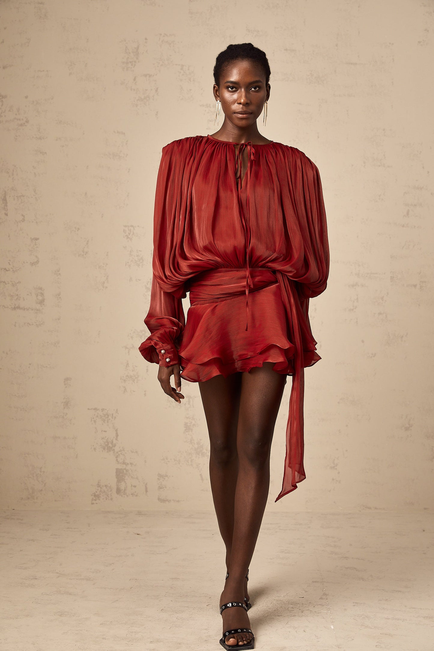 Neutral Fully Pleated Ruffled Mini Dress