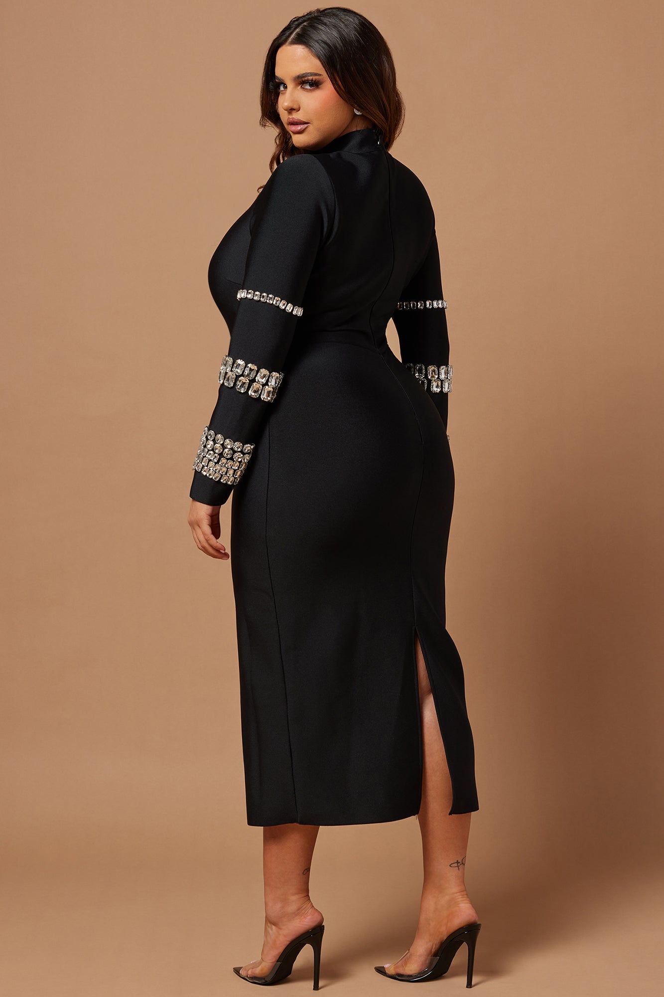 Hand-embellished Turtleneck Long-sleeved Bodycon Dress