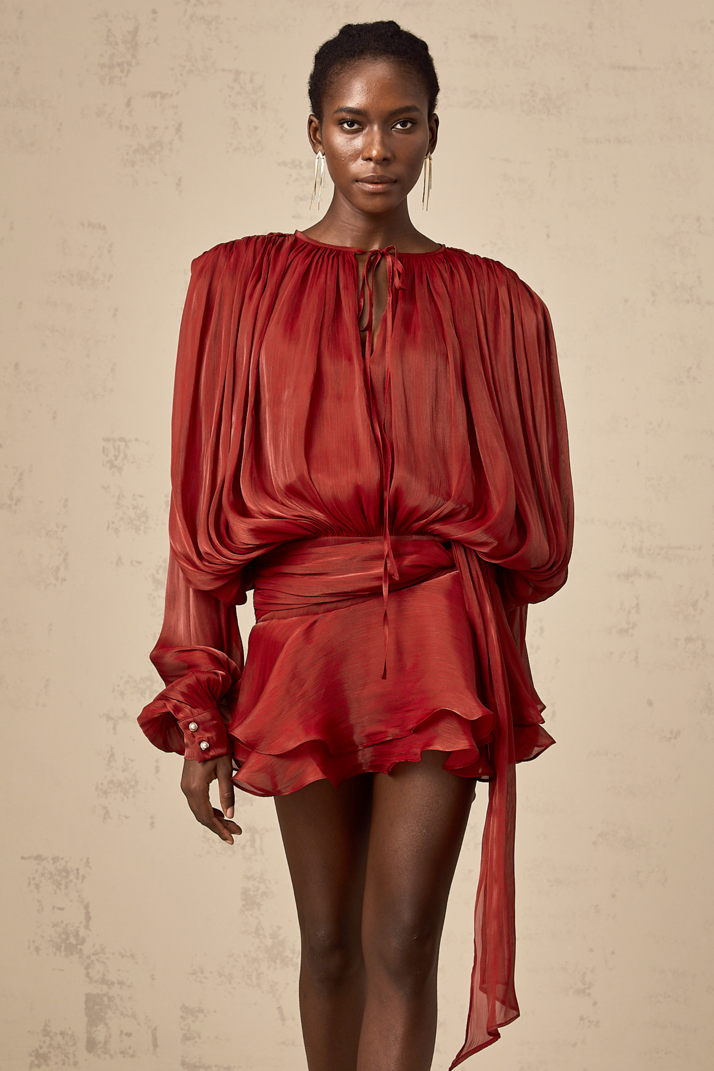 Neutral Fully Pleated Ruffled Mini Dress