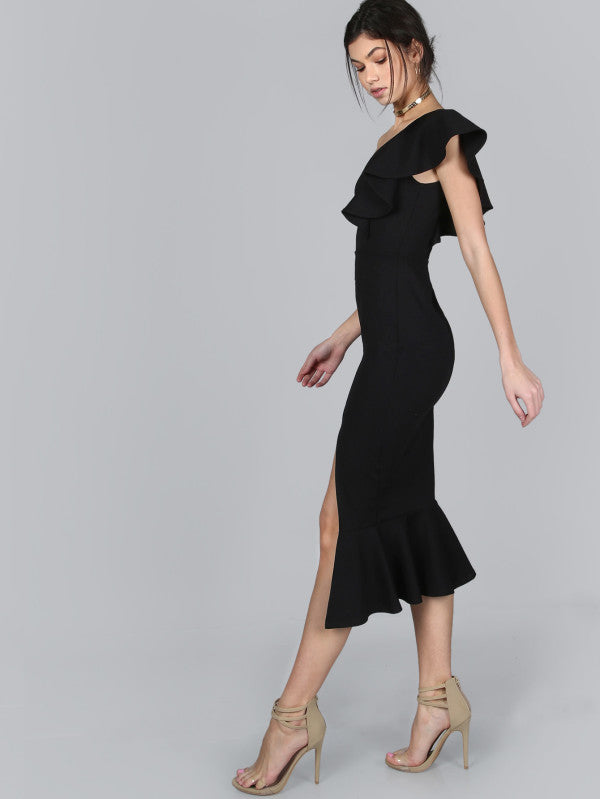 YS-One Shoulder Ruffled Mermaid Style Side Slit Gown