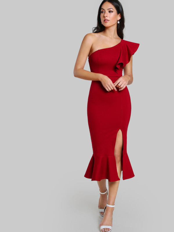 YS-One Shoulder Ruffled Mermaid Style Side Slit Gown