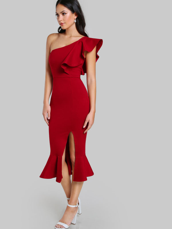 YS-One Shoulder Ruffled Mermaid Style Side Slit Gown