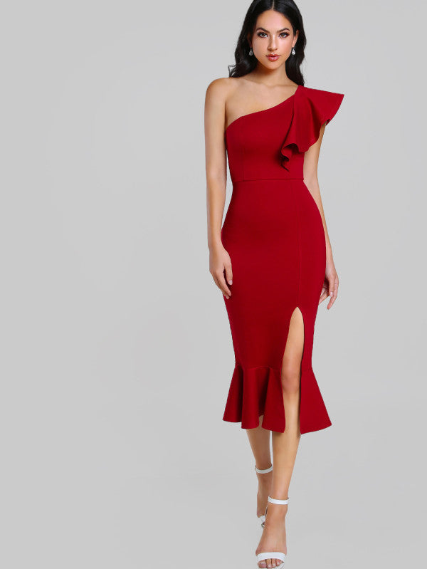 YS-One Shoulder Ruffled Mermaid Style Side Slit Gown