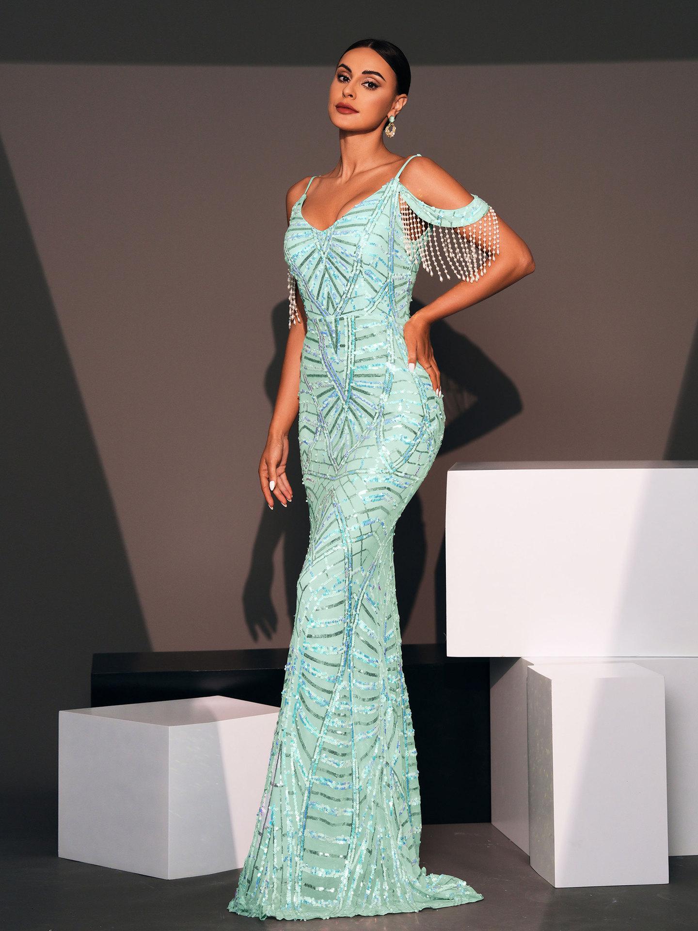 V-neck Sexy Sequins Banquet Fishtail Dress