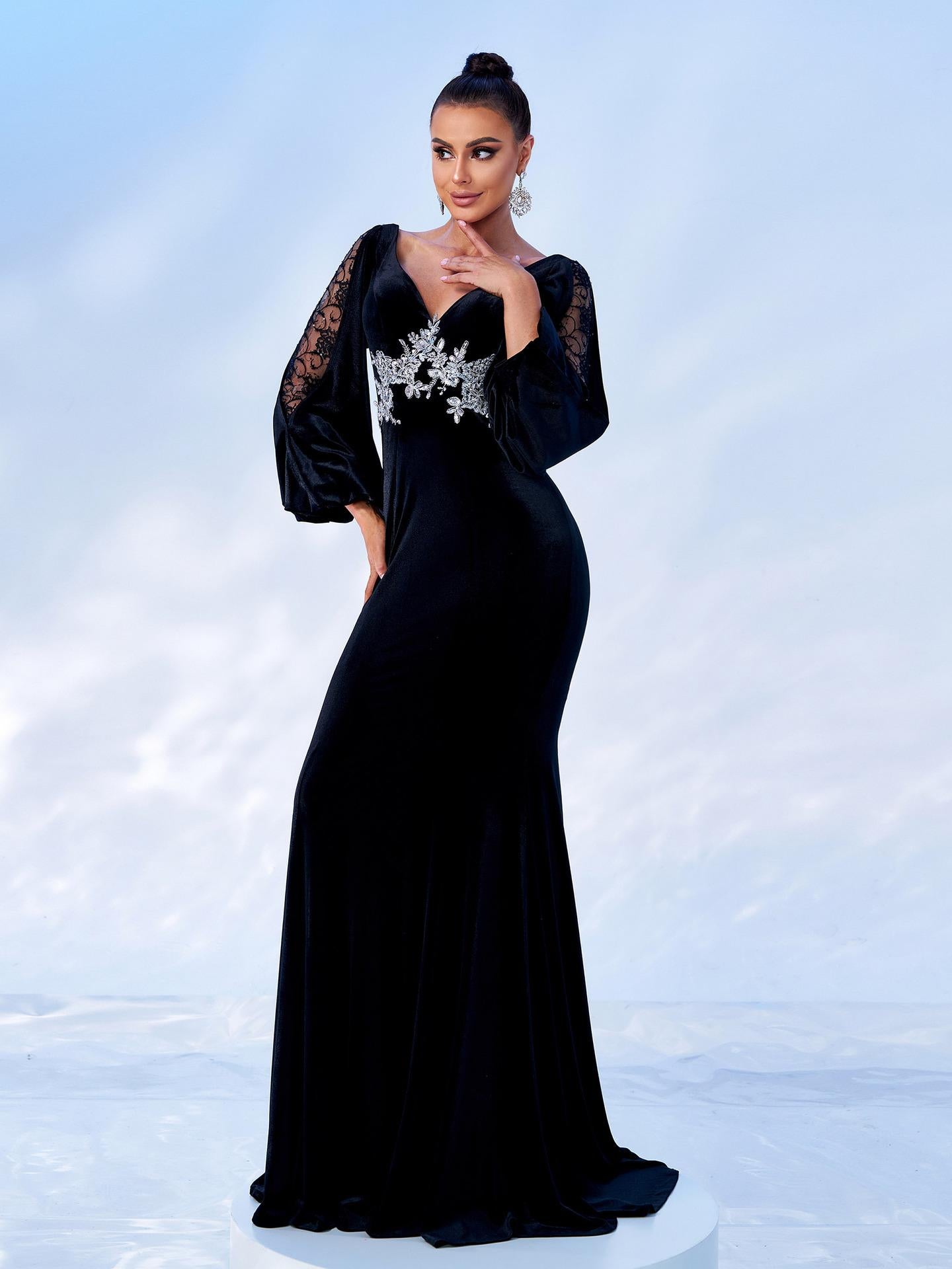 V-neck Velvet Floral Maxi Dress