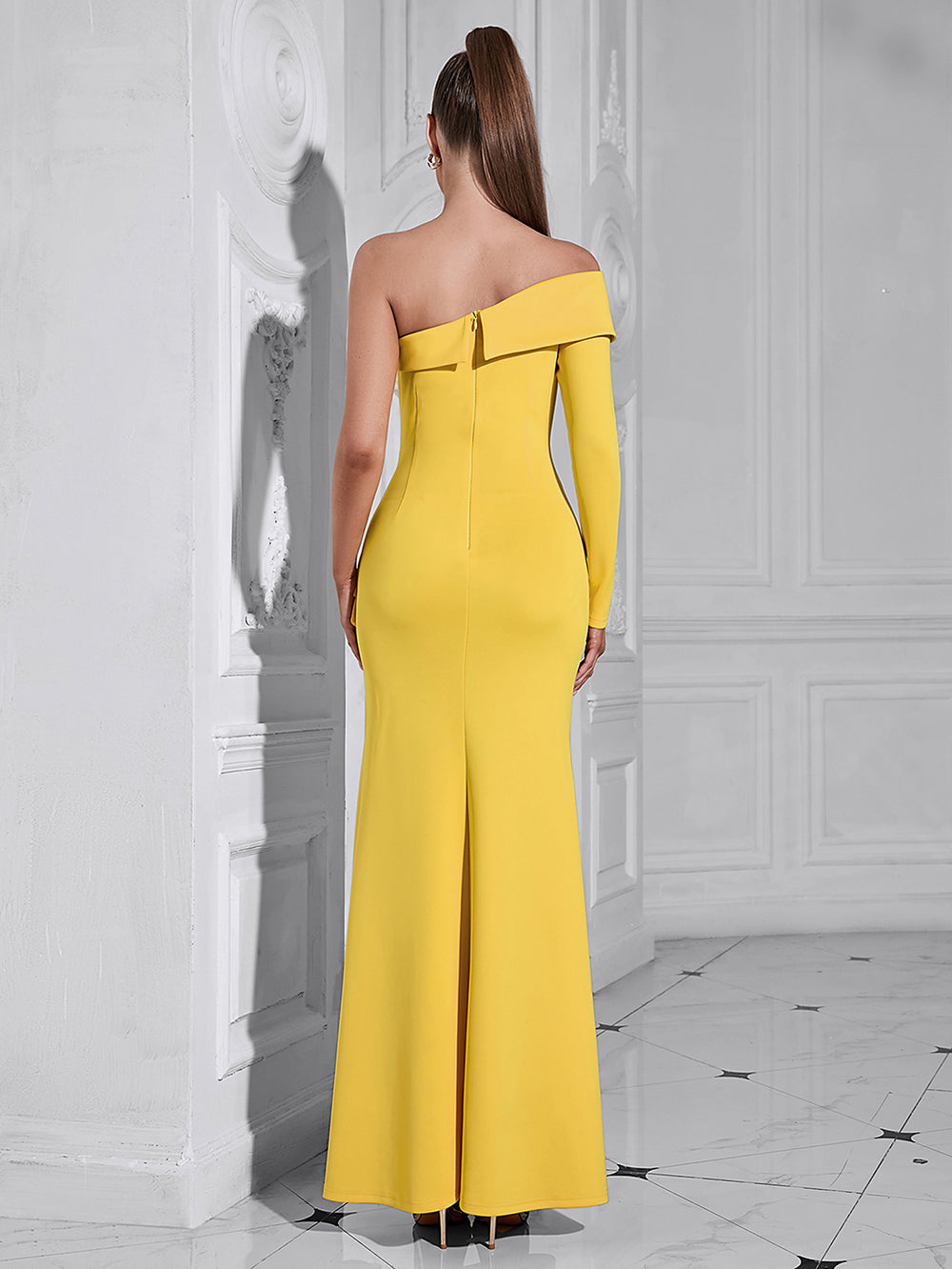 Color Block Asymmetrical One-Shoulder Long Sleeve Split Dress