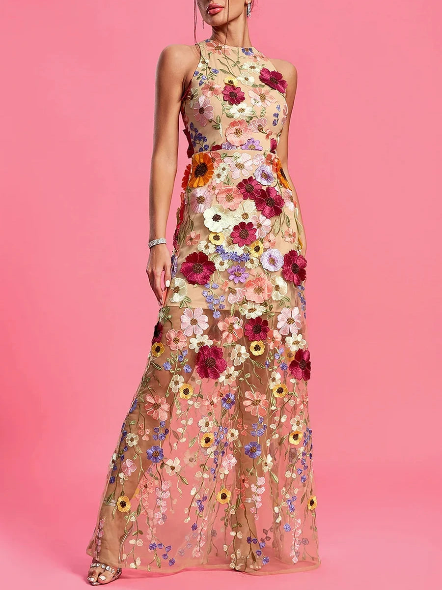 Sleeveless Round Neck Floral Embroidery Maxi Dress
