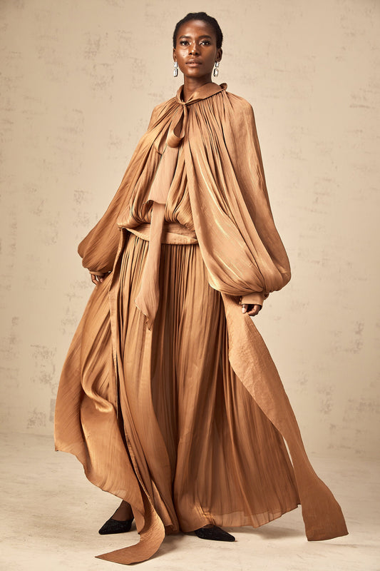 Flowing Gauze Lantern Long Sleeves Exaggerated Backless Maxi Dress