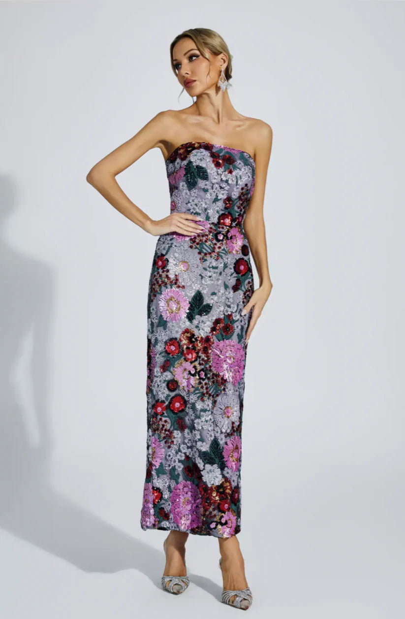 Celebrity Floral Pattern Bubble Sleeve Midi Dress